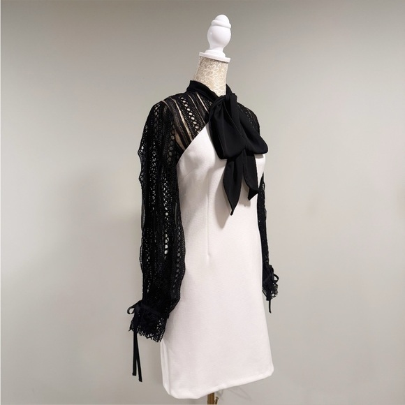 SELF-PORTRAIT Black & White Monochrome Crepe Bow Longsleeve Mini Dress Size 4 - Picture 7 of 16